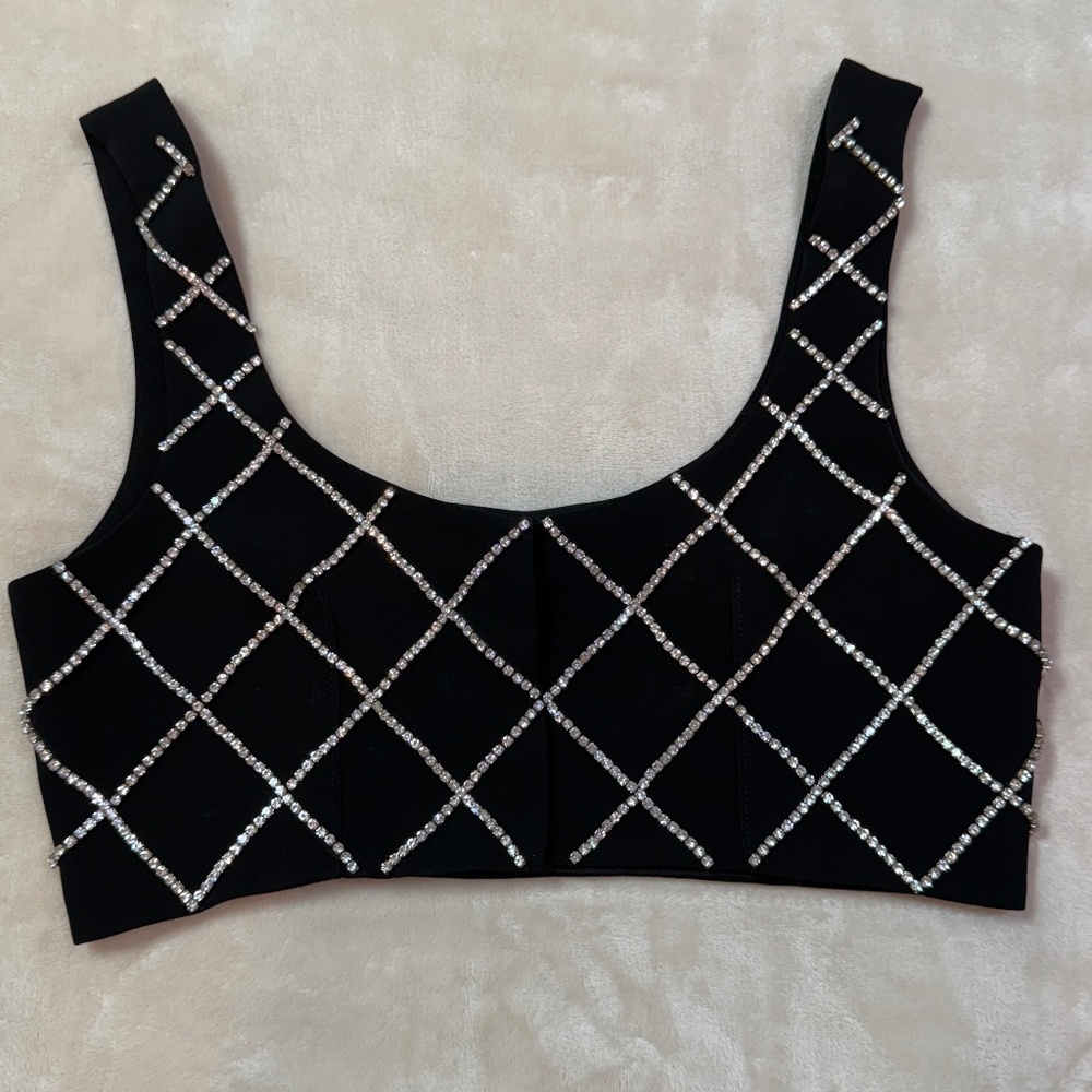 Black Matte Polyester & Satin Bralette Top w/ Rhinestone Diamond Pattern